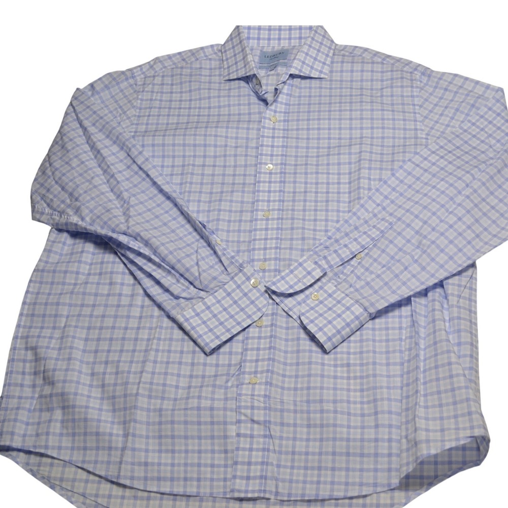 Ledbury Dress Shirt Mens 17.5‎ Blue Gingham Classic Fit Long Sleeve Button Up